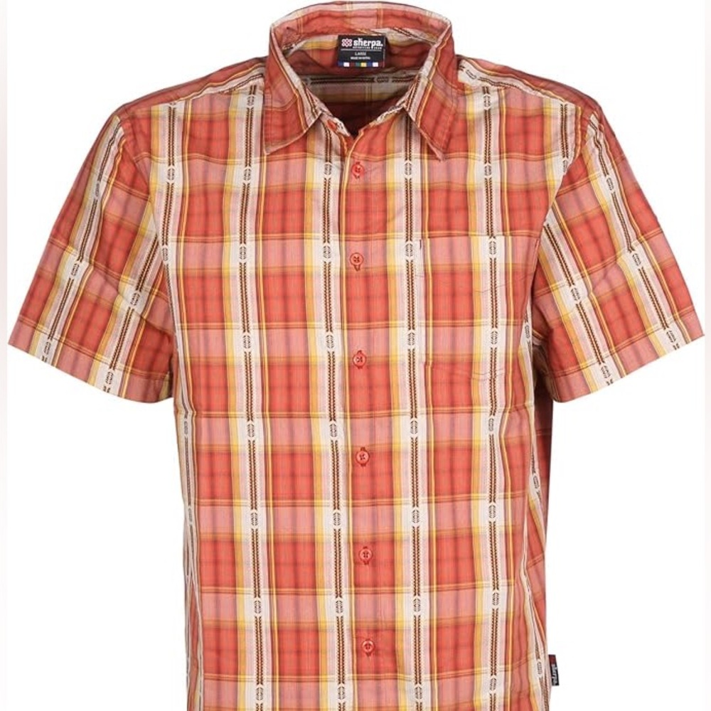 Sherpa Adventure Gear Men's SETI Short Sleeve Shirt, red plaid.  Large
